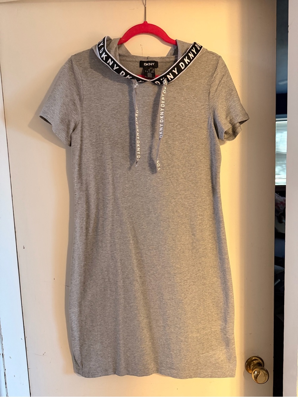DKNY Heather Gray Logo-Trim Hooded T-Shirt Dress